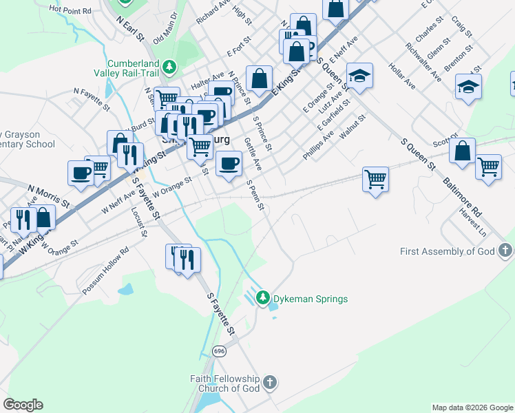map of restaurants, bars, coffee shops, grocery stores, and more near 302 South Penn Street in Shippensburg