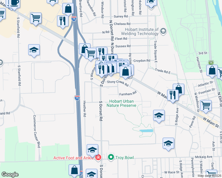 map of restaurants, bars, coffee shops, grocery stores, and more near 1428 Henley Road in Troy