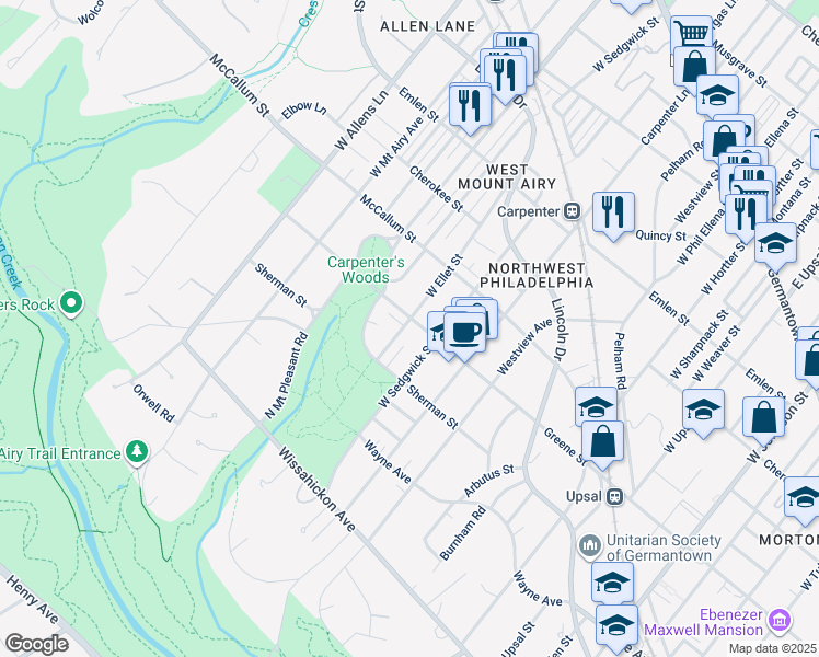 map of restaurants, bars, coffee shops, grocery stores, and more near 7022 Greene Street in Philadelphia