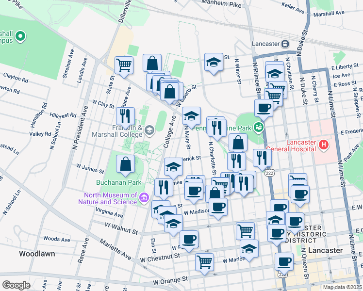 map of restaurants, bars, coffee shops, grocery stores, and more near 627 North Pine Street in Lancaster
