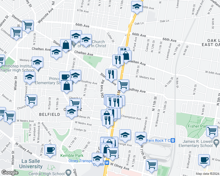 map of restaurants, bars, coffee shops, grocery stores, and more near 6147 1/2 Old York Road in Philadelphia
