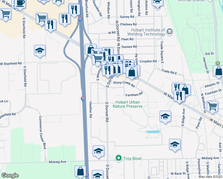 map of restaurants, bars, coffee shops, grocery stores, and more near 1470 Henley Road in Troy