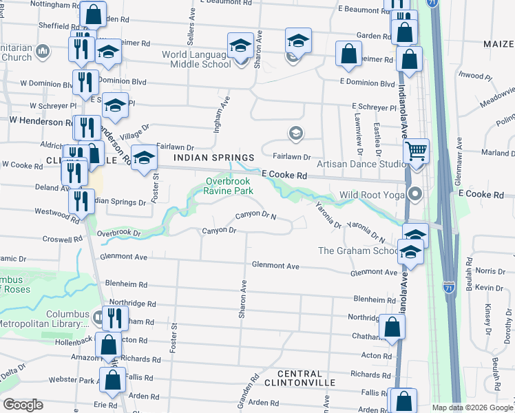 map of restaurants, bars, coffee shops, grocery stores, and more near 407 Northeast Canyon Drive in Columbus