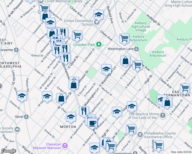 map of restaurants, bars, coffee shops, grocery stores, and more near 6329 Morton Street in Philadelphia