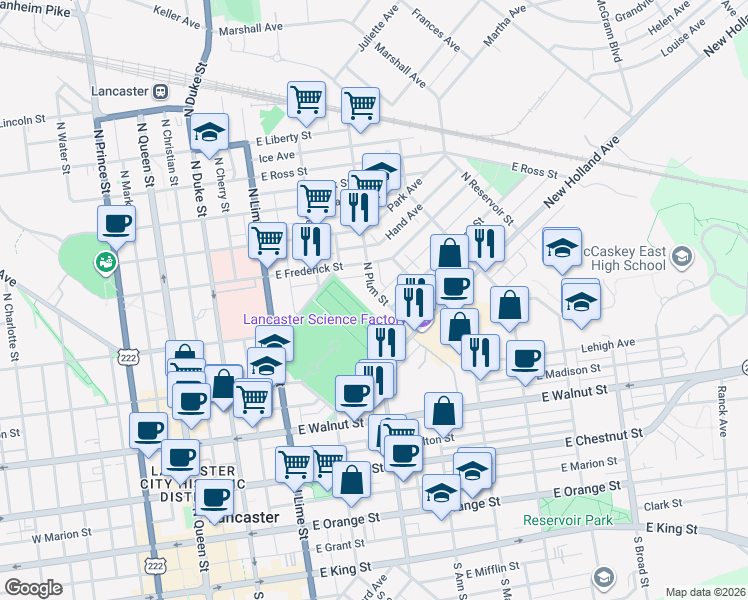 map of restaurants, bars, coffee shops, grocery stores, and more near 558 North Plum Street in Lancaster