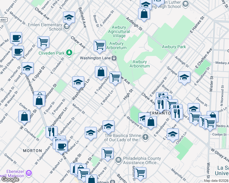 map of restaurants, bars, coffee shops, grocery stores, and more near 6040 Belfield Avenue in Philadelphia