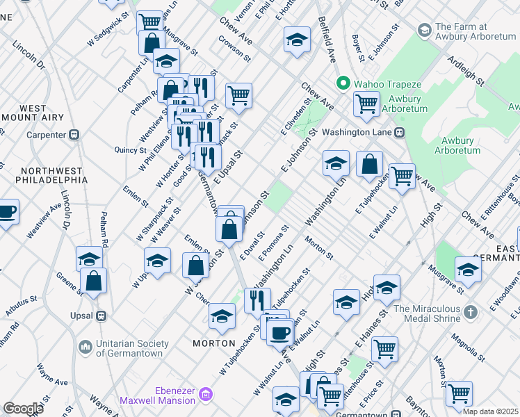 map of restaurants, bars, coffee shops, grocery stores, and more near 169 East Duval Street in Philadelphia