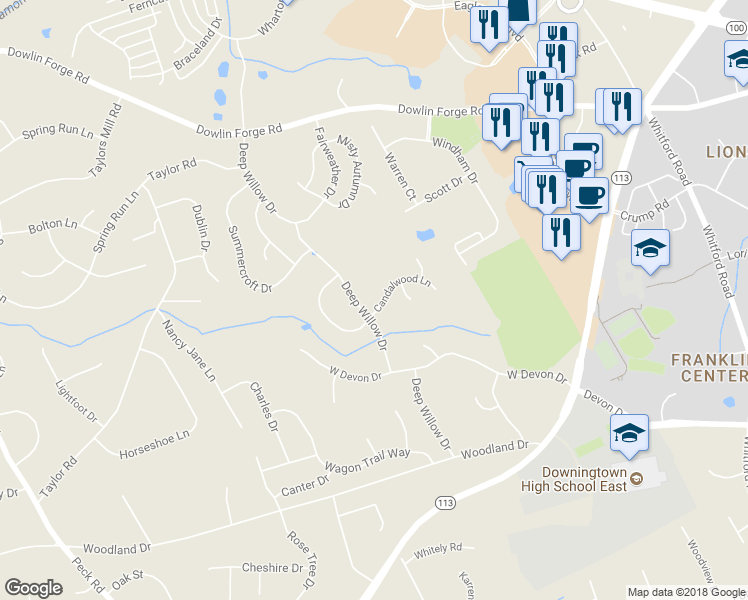 map of restaurants, bars, coffee shops, grocery stores, and more near 203 Candalwood Lane in Exton