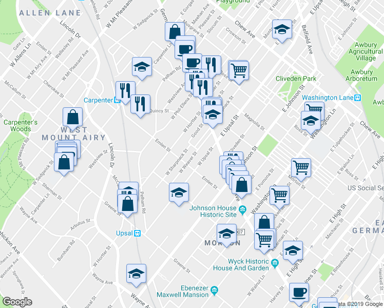 map of restaurants, bars, coffee shops, grocery stores, and more near 87 West Weaver Street in Philadelphia