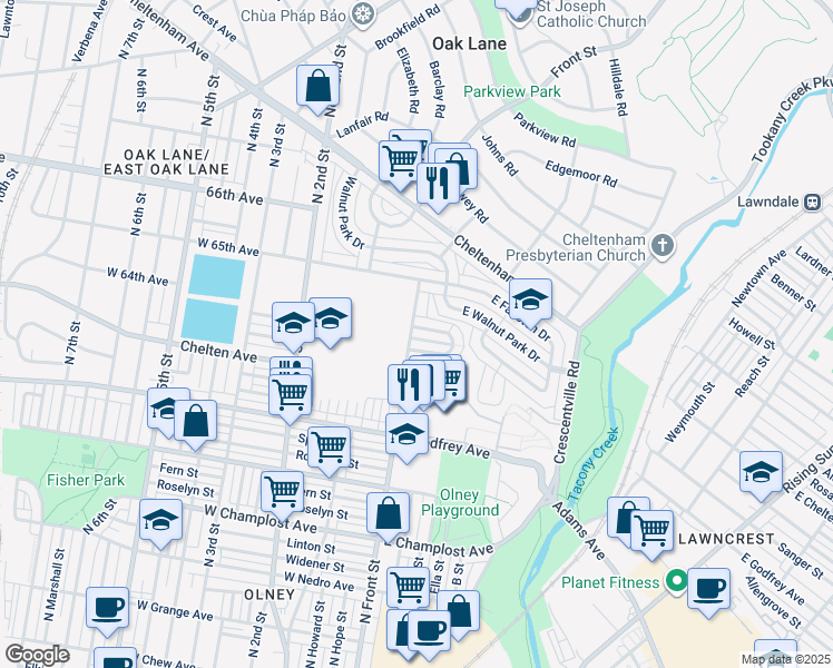 map of restaurants, bars, coffee shops, grocery stores, and more near 102 East 64th Avenue in Philadelphia