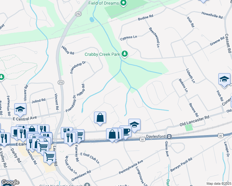 map of restaurants, bars, coffee shops, grocery stores, and more near 1524 Maple Avenue in Paoli