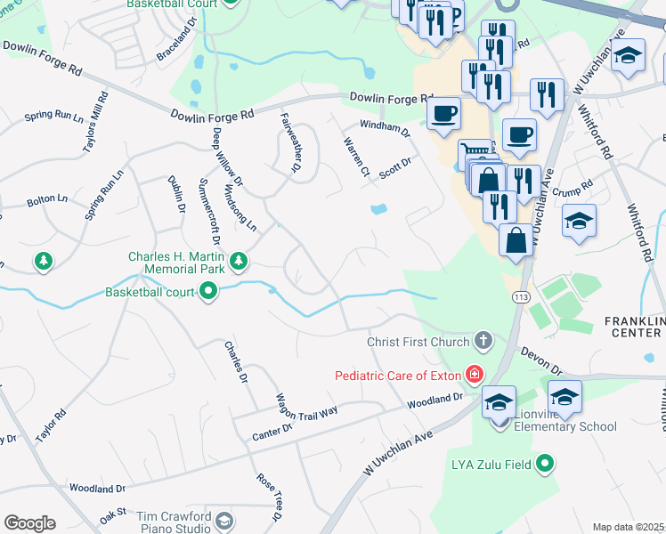 map of restaurants, bars, coffee shops, grocery stores, and more near 203 Candalwood Lane in Exton