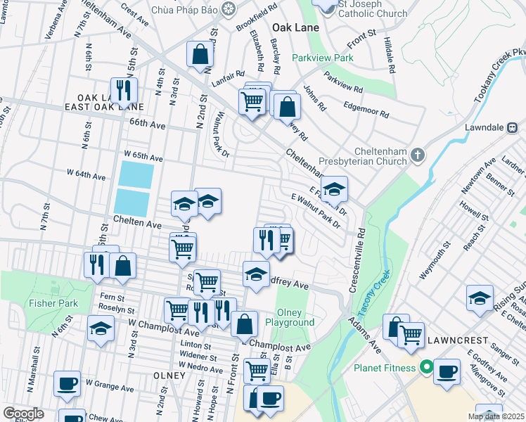 map of restaurants, bars, coffee shops, grocery stores, and more near 102 East 64th Avenue in Philadelphia