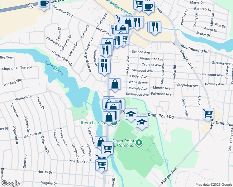 map of restaurants, bars, coffee shops, grocery stores, and more near 425 Brick Boulevard in Brick Township