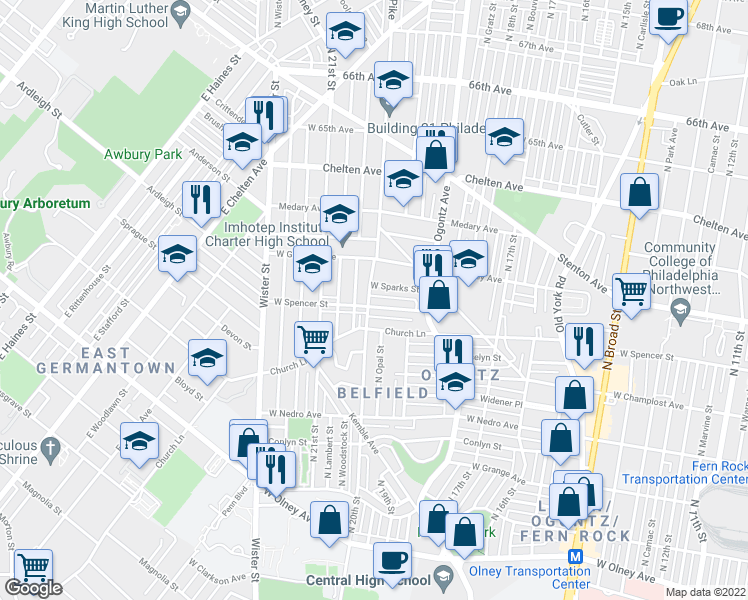 map of restaurants, bars, coffee shops, grocery stores, and more near 1979 West Spencer Street in Philadelphia