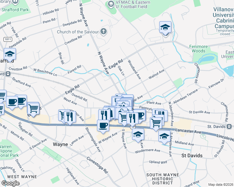 map of restaurants, bars, coffee shops, grocery stores, and more near 210 North Wayne Avenue in Wayne