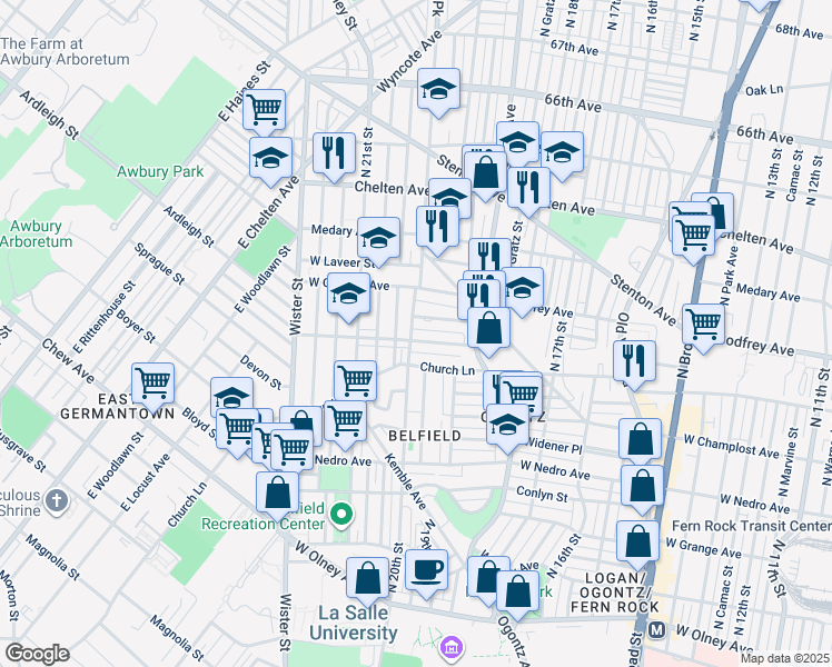 map of restaurants, bars, coffee shops, grocery stores, and more near 1979 West Spencer Street in Philadelphia
