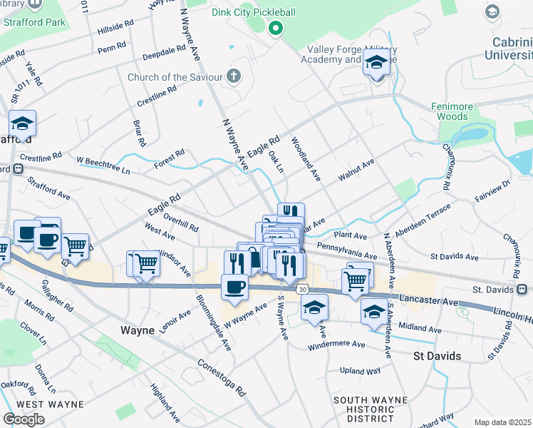 map of restaurants, bars, coffee shops, grocery stores, and more near 306 North Wayne Avenue in Wayne