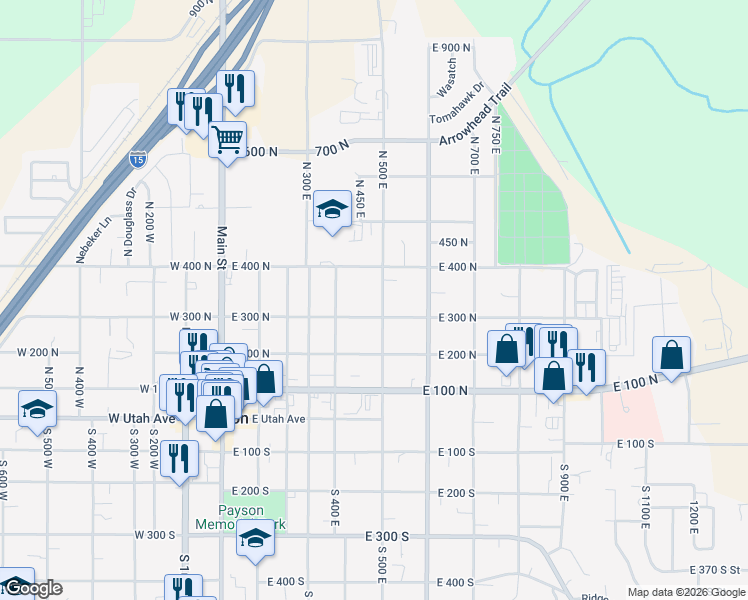 map of restaurants, bars, coffee shops, grocery stores, and more near 331 North 500 East in Payson