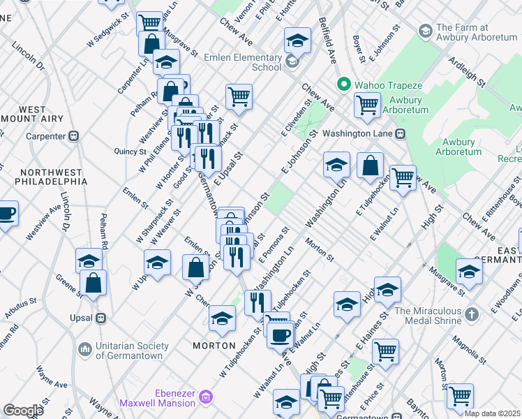 map of restaurants, bars, coffee shops, grocery stores, and more near 90 East Johnson Street in Philadelphia