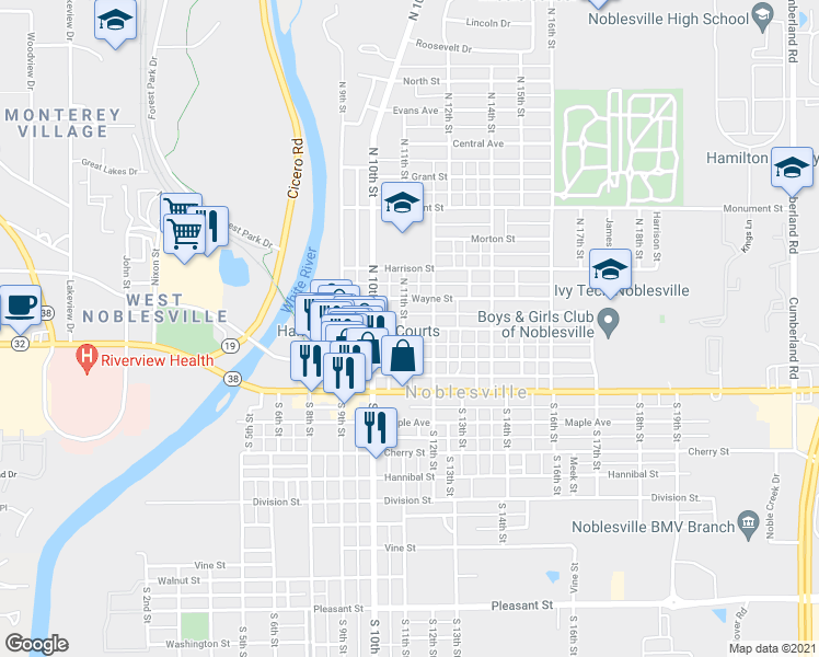 map of restaurants, bars, coffee shops, grocery stores, and more near 1116 Clinton Street in Noblesville