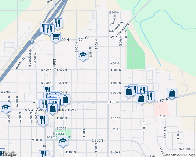 map of restaurants, bars, coffee shops, grocery stores, and more near 555 East 300 North in Payson