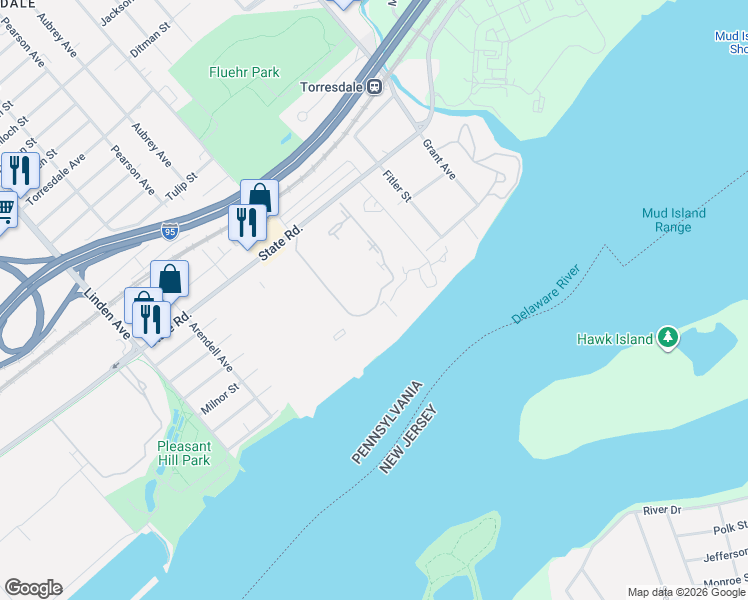 map of restaurants, bars, coffee shops, grocery stores, and more near 9500 State Road in Philadelphia