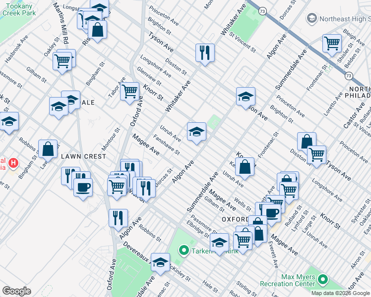map of restaurants, bars, coffee shops, grocery stores, and more near 1024 Fanshawe Street in Philadelphia