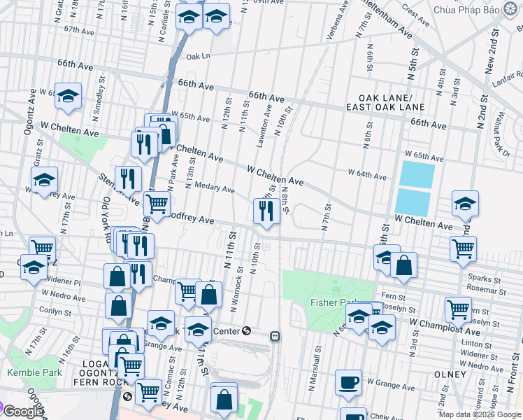 map of restaurants, bars, coffee shops, grocery stores, and more near 6214 North 10th Street in Philadelphia