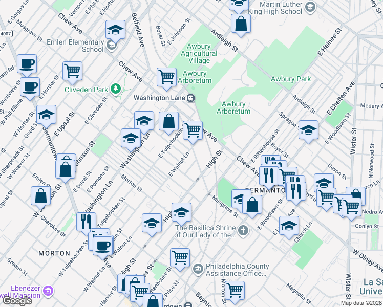 map of restaurants, bars, coffee shops, grocery stores, and more near 6040 Belfield Avenue in Philadelphia