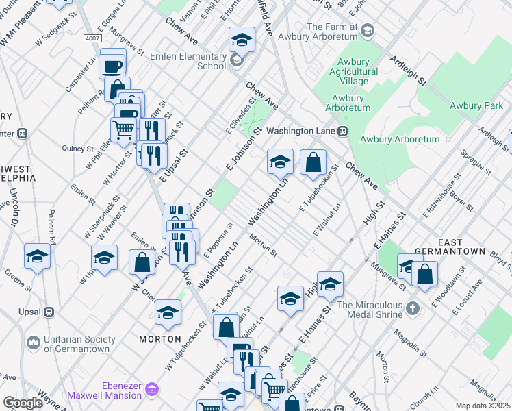 map of restaurants, bars, coffee shops, grocery stores, and more near 6261 Gardenia Street in Philadelphia