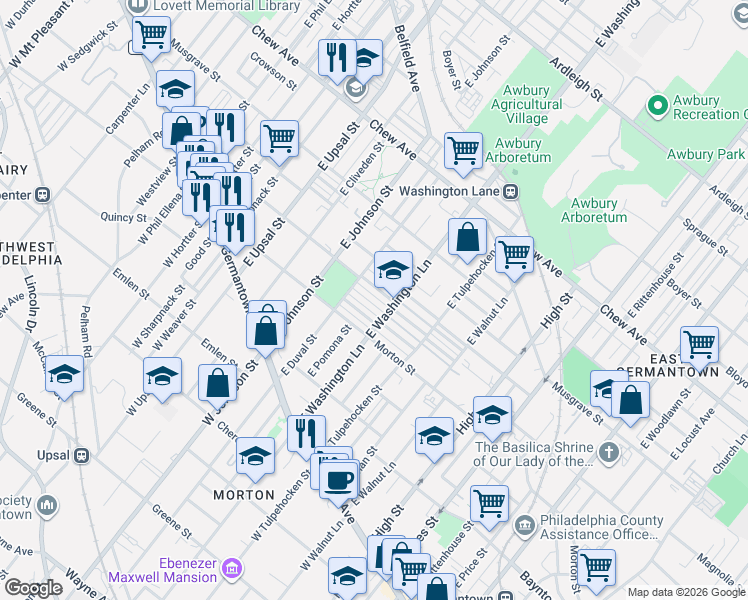 map of restaurants, bars, coffee shops, grocery stores, and more near 6261 Gardenia Street in Philadelphia