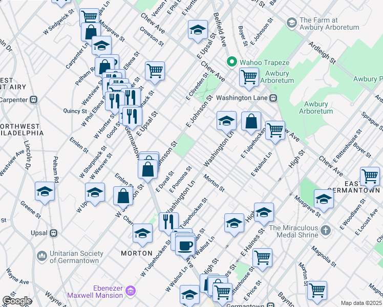 map of restaurants, bars, coffee shops, grocery stores, and more near 6329 Morton Street in Philadelphia