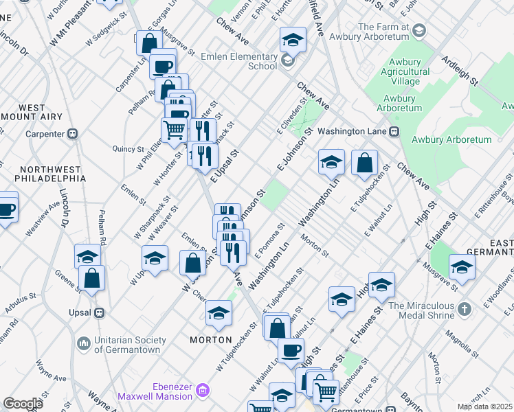 map of restaurants, bars, coffee shops, grocery stores, and more near 169 East Duval Street in Philadelphia