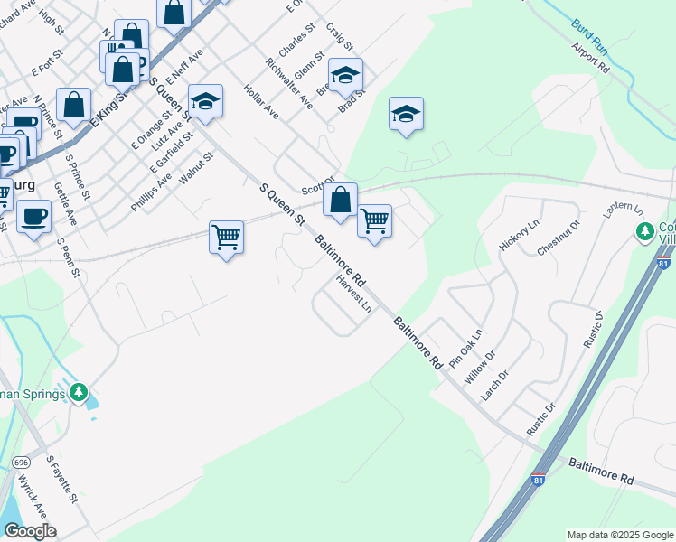 map of restaurants, bars, coffee shops, grocery stores, and more near 302 Harvest Lane in Shippensburg