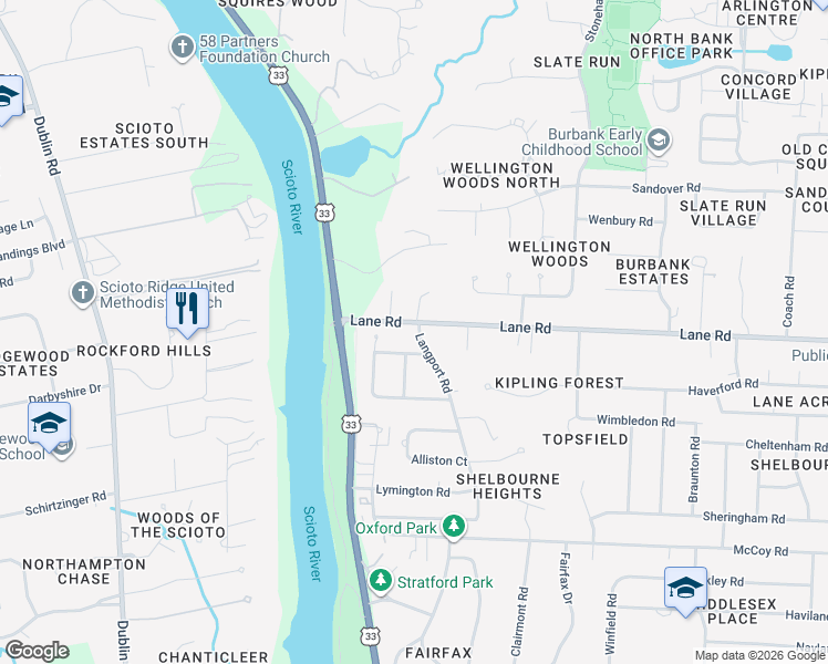 map of restaurants, bars, coffee shops, grocery stores, and more near 2798 Brackley Road in Upper Arlington