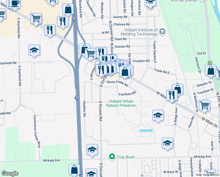map of restaurants, bars, coffee shops, grocery stores, and more near 1463 Farnham Road in Troy