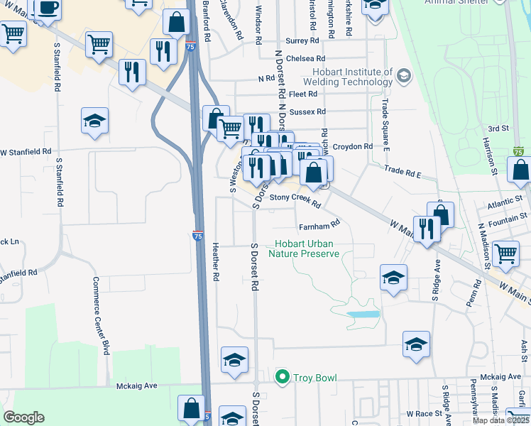 map of restaurants, bars, coffee shops, grocery stores, and more near 1463 Farnham Road in Troy