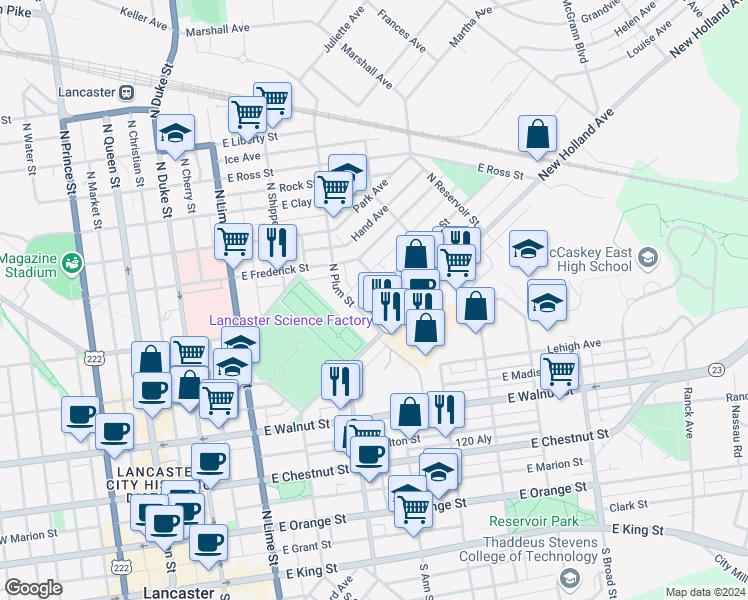map of restaurants, bars, coffee shops, grocery stores, and more near 422 Hamilton Street in Lancaster