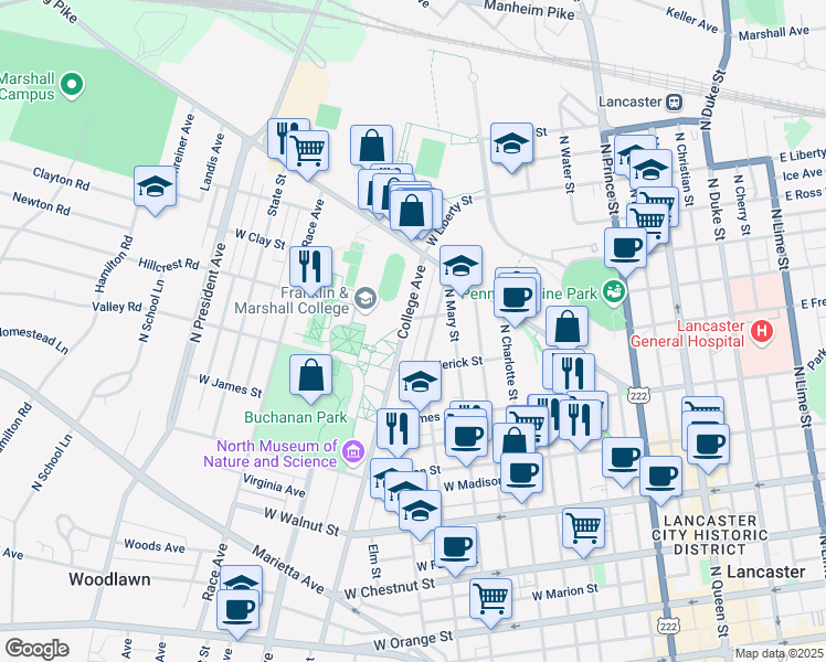 map of restaurants, bars, coffee shops, grocery stores, and more near 637 College Avenue in Lancaster