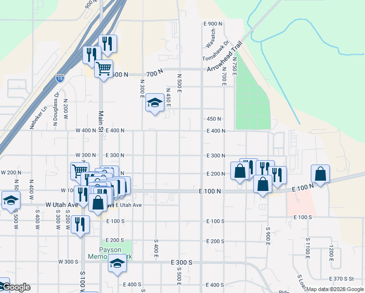 map of restaurants, bars, coffee shops, grocery stores, and more near 555 East 300 North in Payson