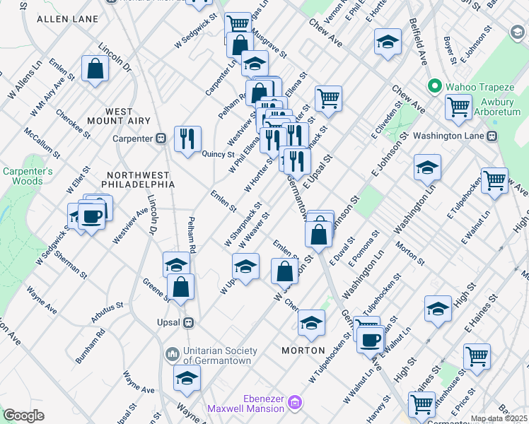 map of restaurants, bars, coffee shops, grocery stores, and more near 85 West Weaver Street in Philadelphia