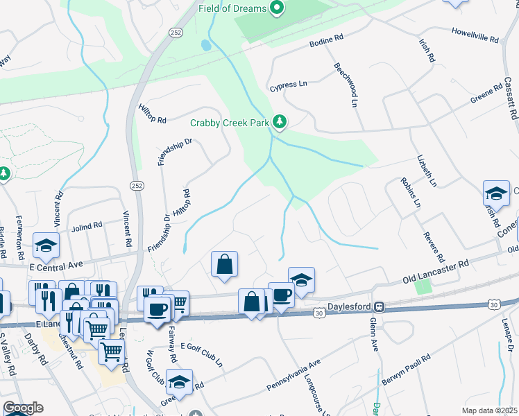 map of restaurants, bars, coffee shops, grocery stores, and more near 1524 Maple Avenue in Paoli