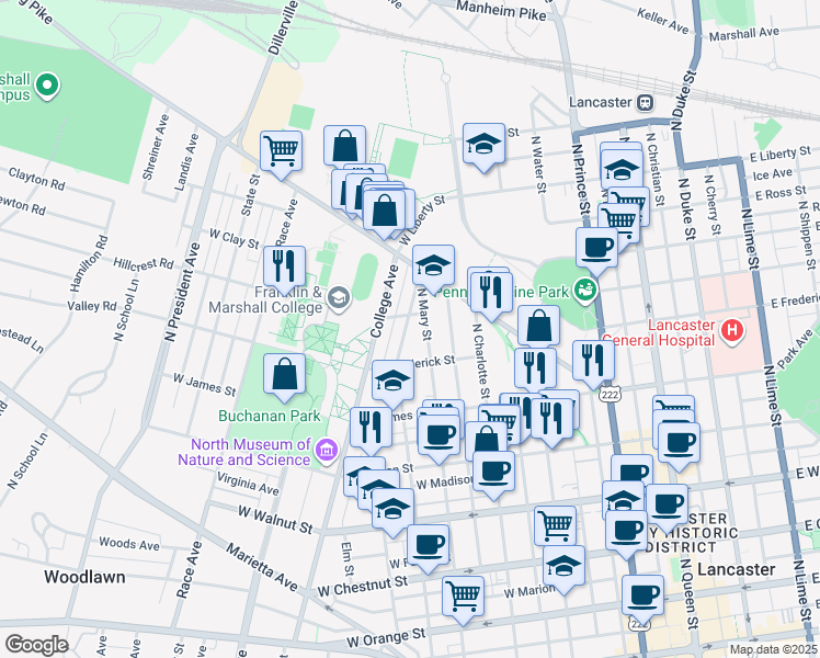 map of restaurants, bars, coffee shops, grocery stores, and more near 627 North Pine Street in Lancaster