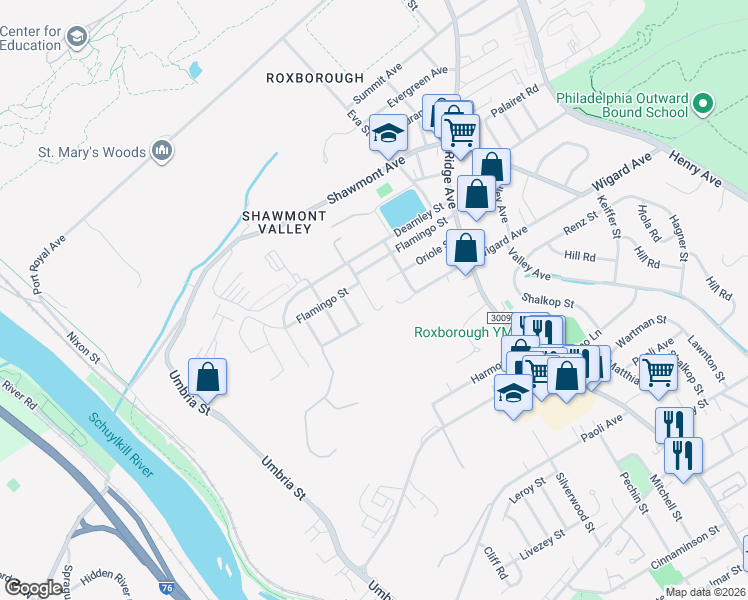 map of restaurants, bars, coffee shops, grocery stores, and more near 7501 Pawling Street in Philadelphia