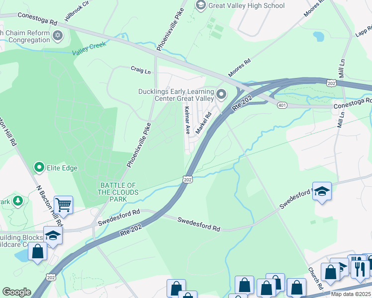 map of restaurants, bars, coffee shops, grocery stores, and more near 132 Kelmar Avenue in Malvern