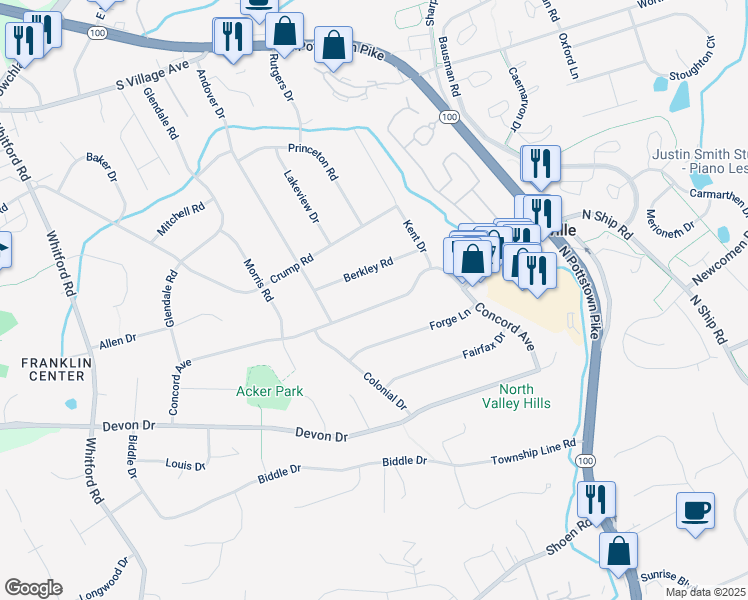 map of restaurants, bars, coffee shops, grocery stores, and more near 411 Concord Avenue in Exton