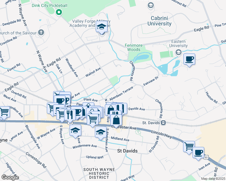 map of restaurants, bars, coffee shops, grocery stores, and more near 266 North Aberdeen Avenue in Wayne