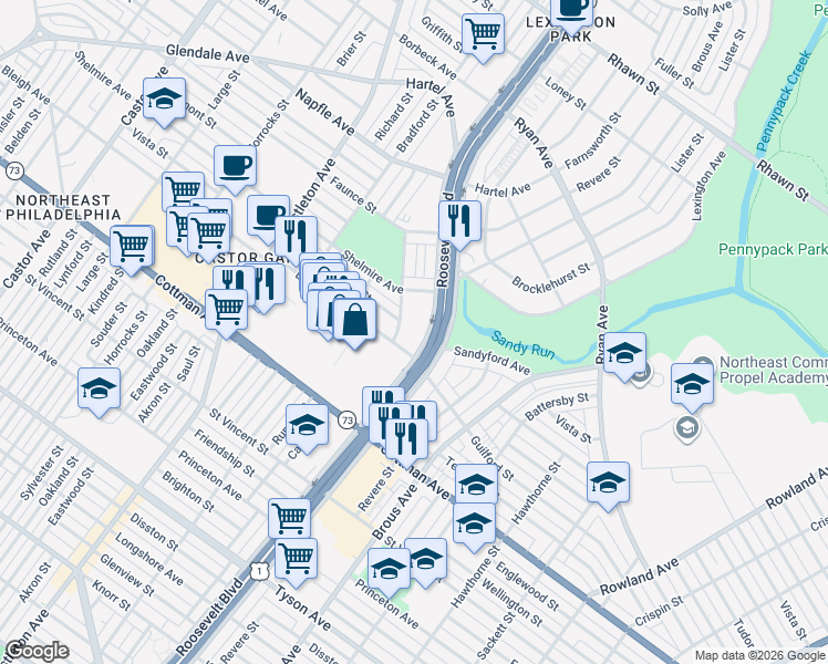 map of restaurants, bars, coffee shops, grocery stores, and more near 7400 Roosevelt Boulevard in Philadelphia