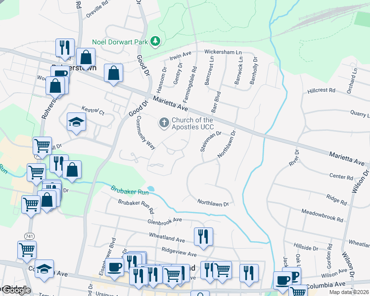map of restaurants, bars, coffee shops, grocery stores, and more near 1836 Westcott Drive in Lancaster